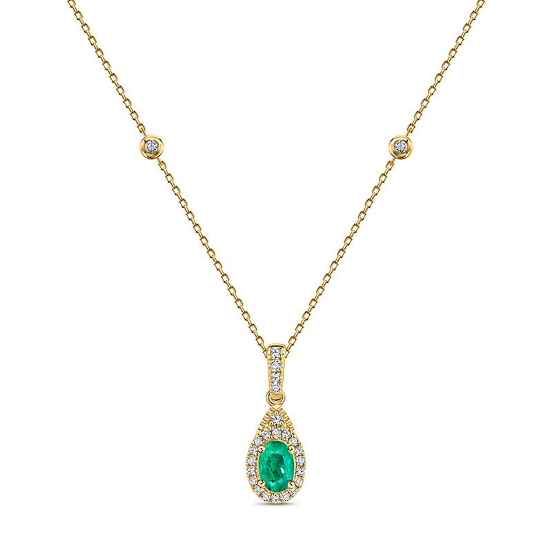 14k Yellow Gold Oval  Emerald & Diamond Necklace